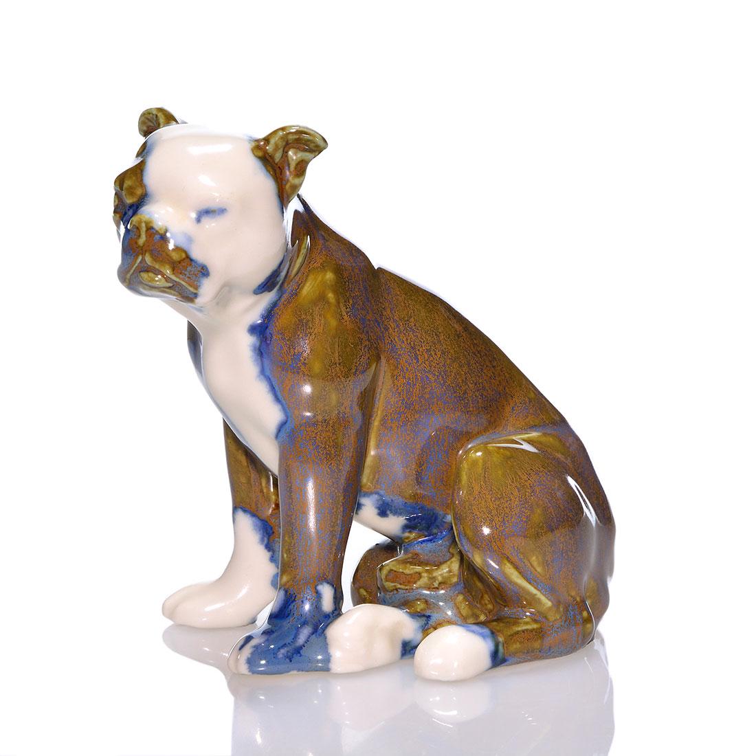 Rookwood polychromed "Butch" pw, 1935, 6483, 4 1/2": Butch the Bulldog 4 1/2 inch paperweight, a Louise Abel design based on a bulldog owned by E.T. Hurley, cast in 1935 and colored with high glazes in white, blue and brown. Marks include the Rookwood l