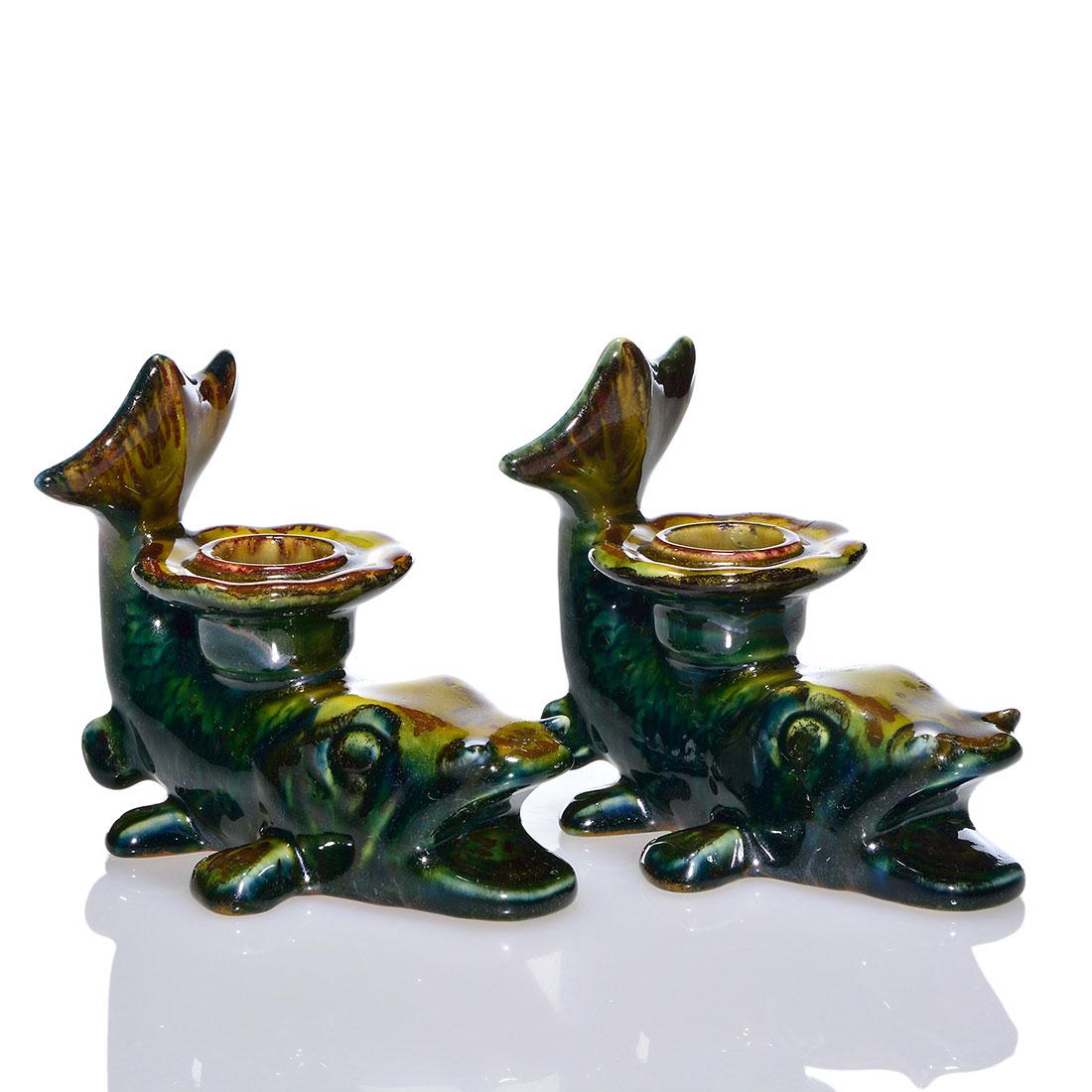 Rookwood Catfish candleholders, Aventurine, ‘28, 4 1/2" (1 of 2)