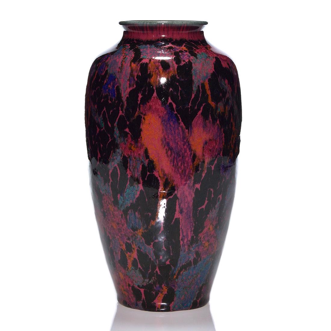 Rookwood 10 3/8" high glaze, ETH, birds, 1930: Porcelain high glaze vase decorated with abstract birds amidst foliage in shades of burgundy, blue, orange and purple by E.T. Hurley in 1930. Marked with the Rookwood logo, the date, shape and the art