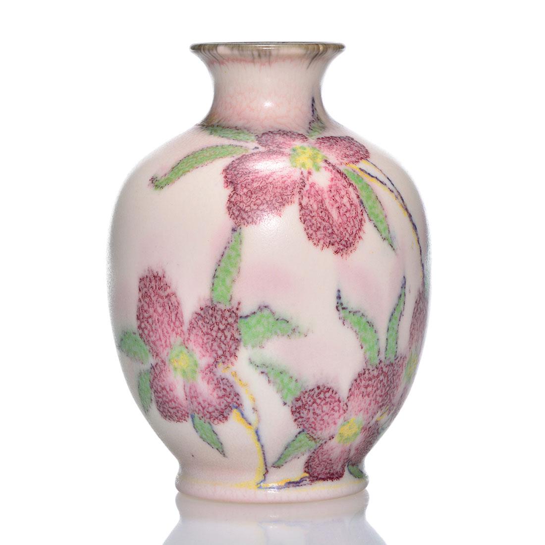 Rookwood Vellum, dogwood, Hurley, 1933, S, 6 1/8": Vellum glaze vase decorated with red dogwood blossoms painted by E.T. Hurley in 1933. Marks include the Rookwood logo, date, S for Special shape, Mr. Hurley's monogram in purple slip and the remnants