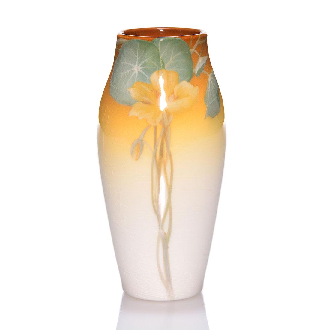 Rookwood Iris glaze vase, Schmidt, 1901, 30 F, 6",: Iris glaze vase decorated with nasturtium painted by Carl Schmidt in 1901. Marks include the Rookwood logo, date, shape 30 F, an incised W for White (Iris) glaze and Mr. Schmidt's incised monogram. Th