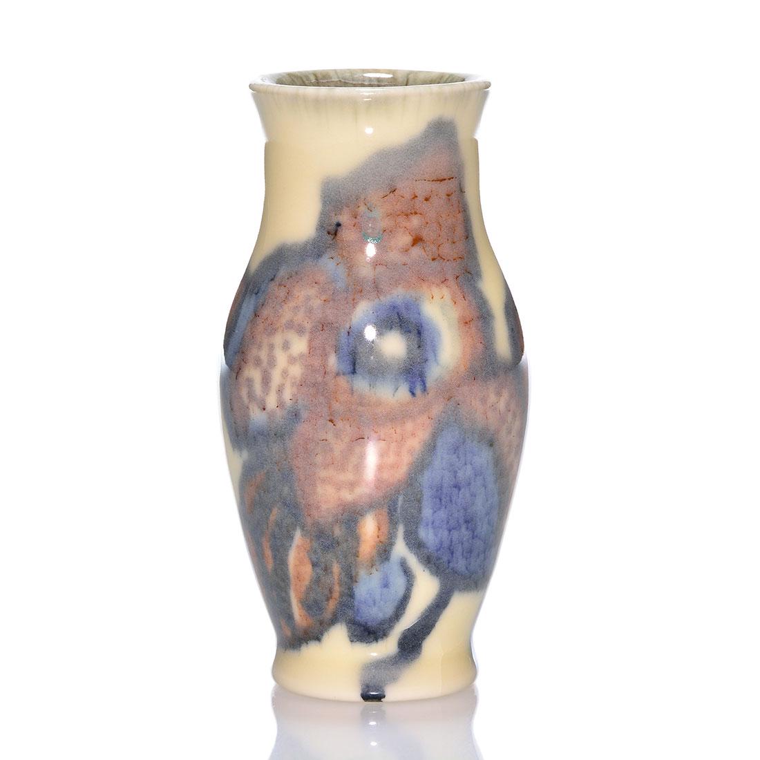 Rookwood Porcelain vase, Jensen, floral, 1931, 6142, 4: Porcelain vase with abstract floral decoration done by Jens Jensen in 1931. The interior is lined (appropriately) with Rookwood's Anniversary glaze. Marks include the Rookwood logo, date, shape 6142, 