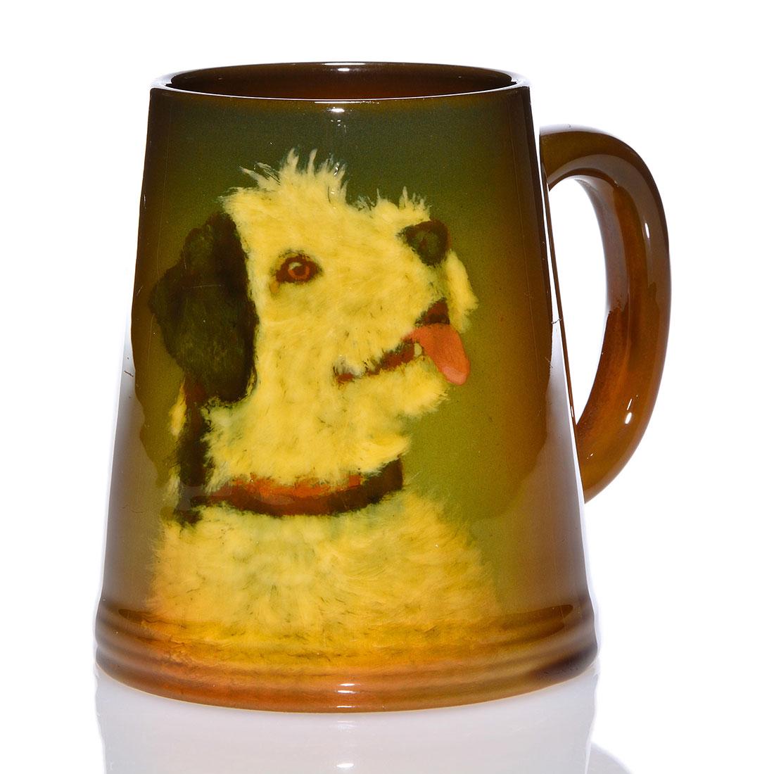 Rookwood Late Standard mug,Hurley,1933,587C,4 3/4": Late Standard glaze (yellow tinted porcelain) mug decorated with the handsome portrait of a terrier painted by E.T. Hurley in 1933. Marks include the Rookwood logo, date, shape 587 C and Mr. Hurley's