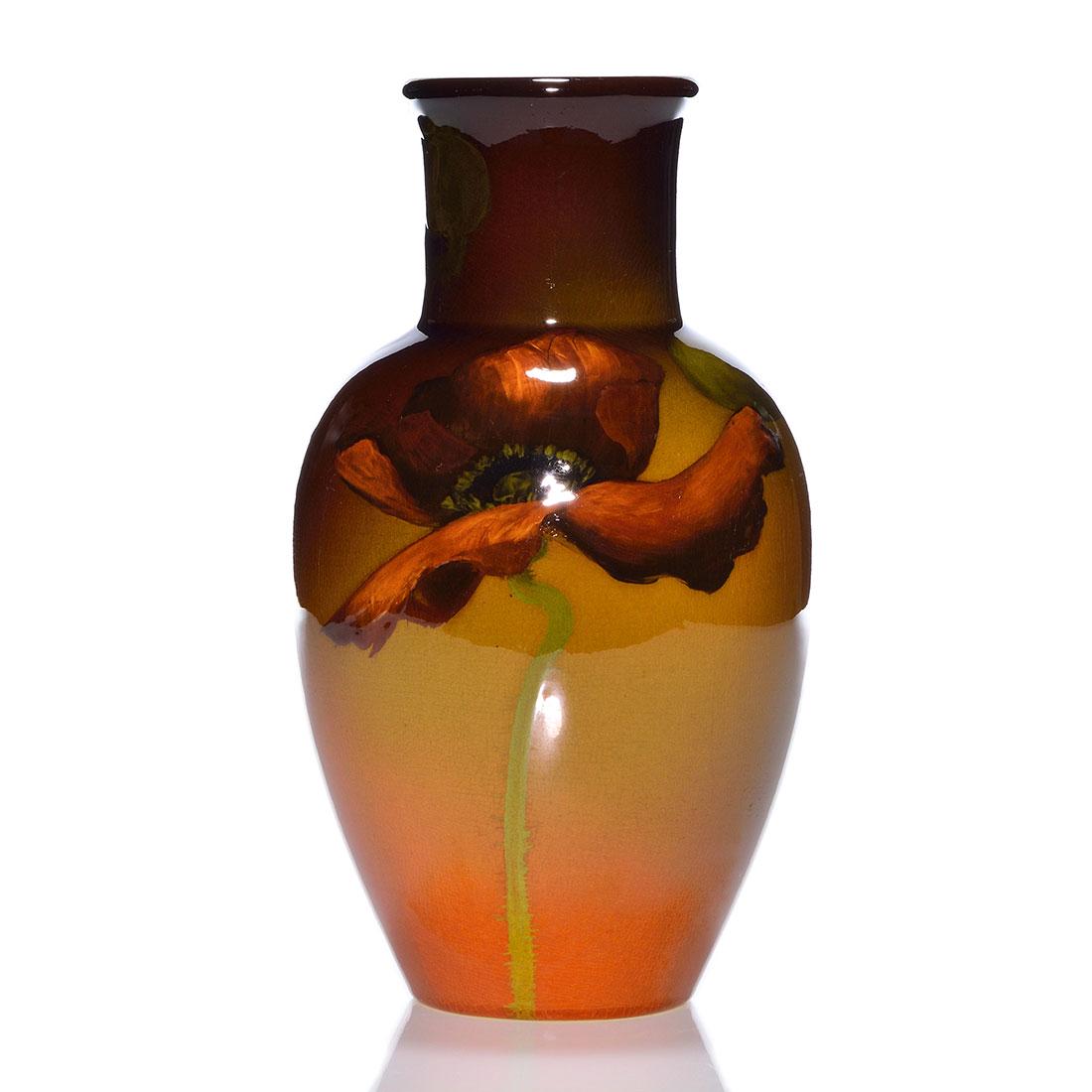 Rookwood Standard vase, Hurley, 1900, 849, 9 3/8": Standard glaze vase decorated with poppies painted by E.T. Hurley in 1900. Marks include the Rookwood logo, which indicates the date, shape 849 and Mr. Hurley's incised monogram. There is fine overall