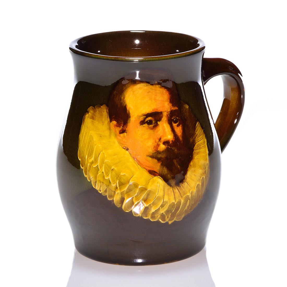 Rookwood Standard Mug, portrait, Young, 1896, 837, 5": Standard glaze mug with a nicely detailed portrait titled "after Rubens", the work of Grace Young in 1896. Marks include the Rookwood logo, which indicates the date, shape 837, an arrow shaped esoteri
