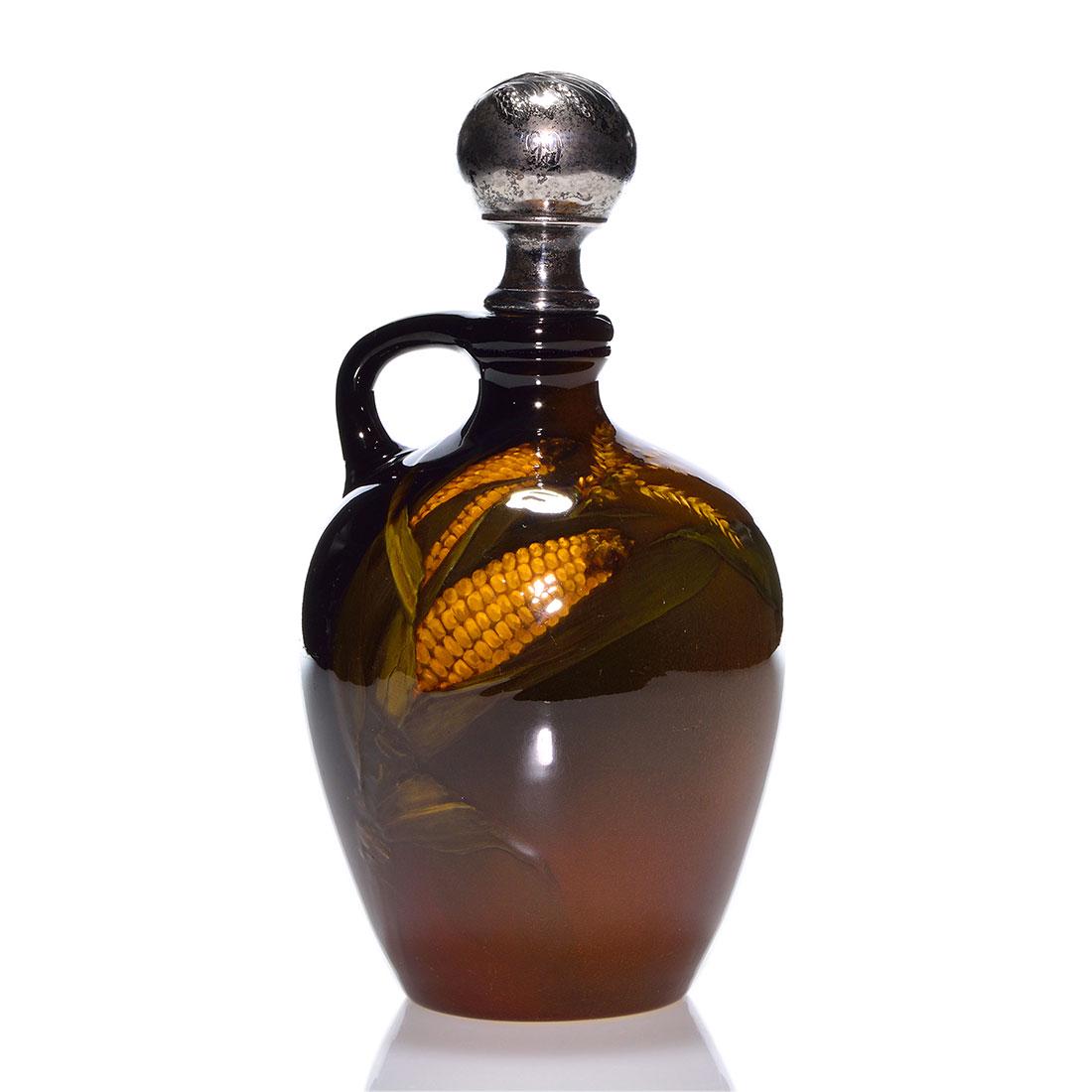 Rookwood Standard jug, Zettel, 1898, 512 B, 7 1/2": Standard glaze jug decorated with two ears of corn painted by Josephine Zettel in 1898. Marks include the Rookwood logo, which indicates the date, shape 512 B, a star shaped esoteric mark and Ms. Zett