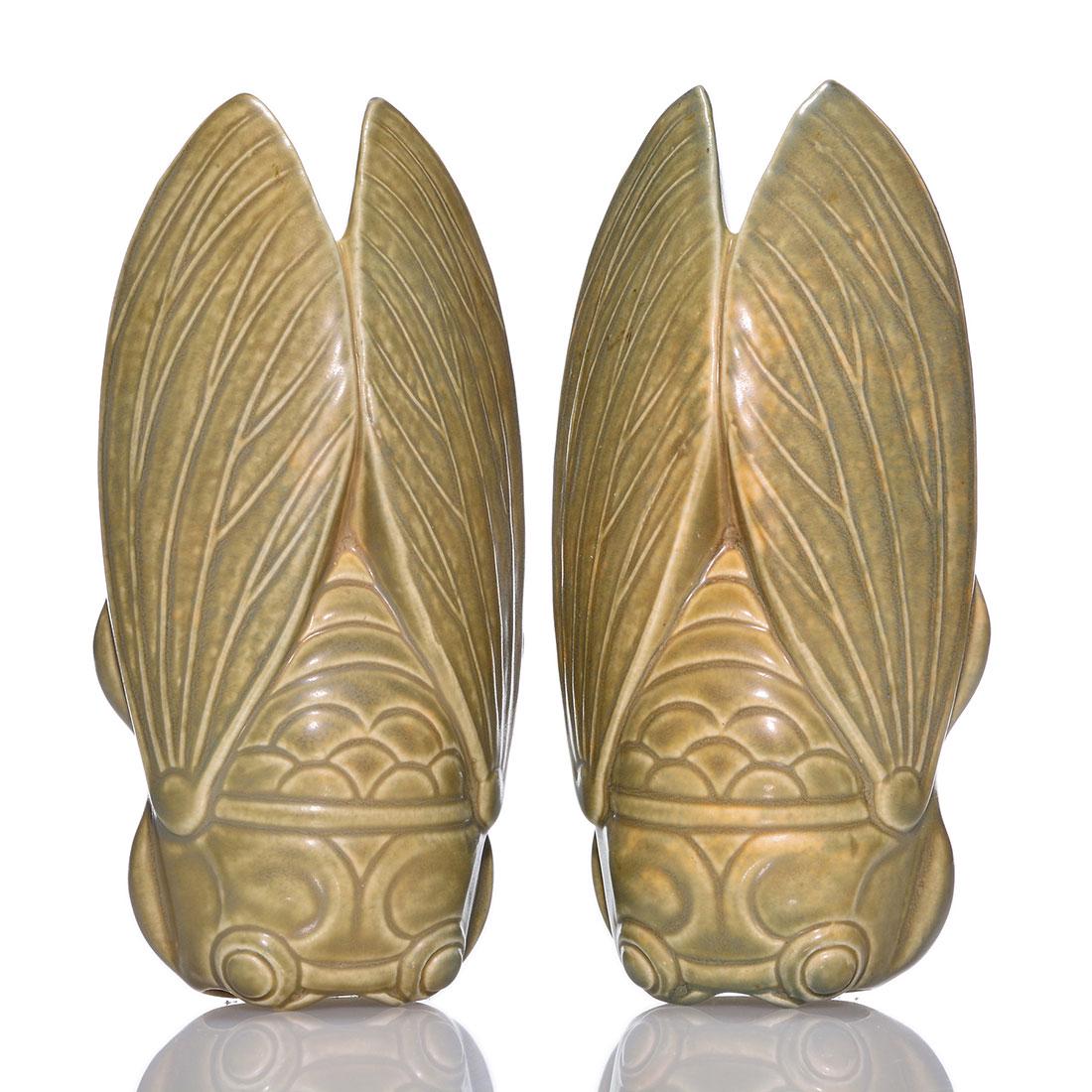 Pr Rookwood Cicada wall pockets, 1922, 1636, 8 1/2 (1 of 2)