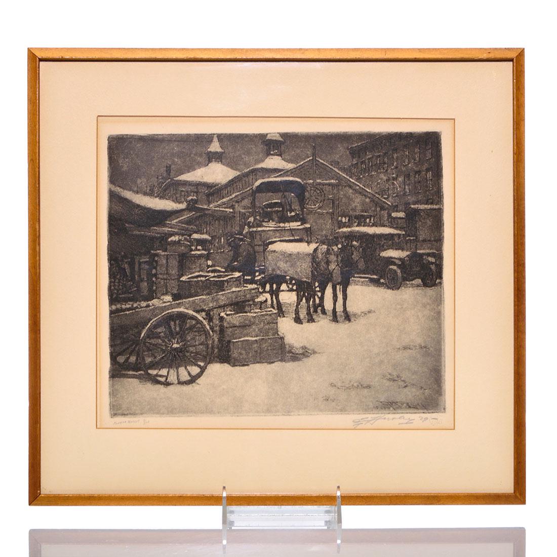 E.T. Hurley etching, Flower Market,9/100, 9 1/8 x 10 (1 of 2)