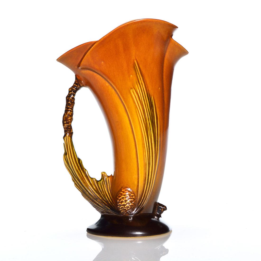 Roseville Brown Pine Cone ewer, sh 485-10", 10 1/4": Roseville Pine Cone ewer, shape 485-10", in brown. Marked Roseville U.S.A. 485-10". Excellent original condition. Height is 10 1/4 inches.