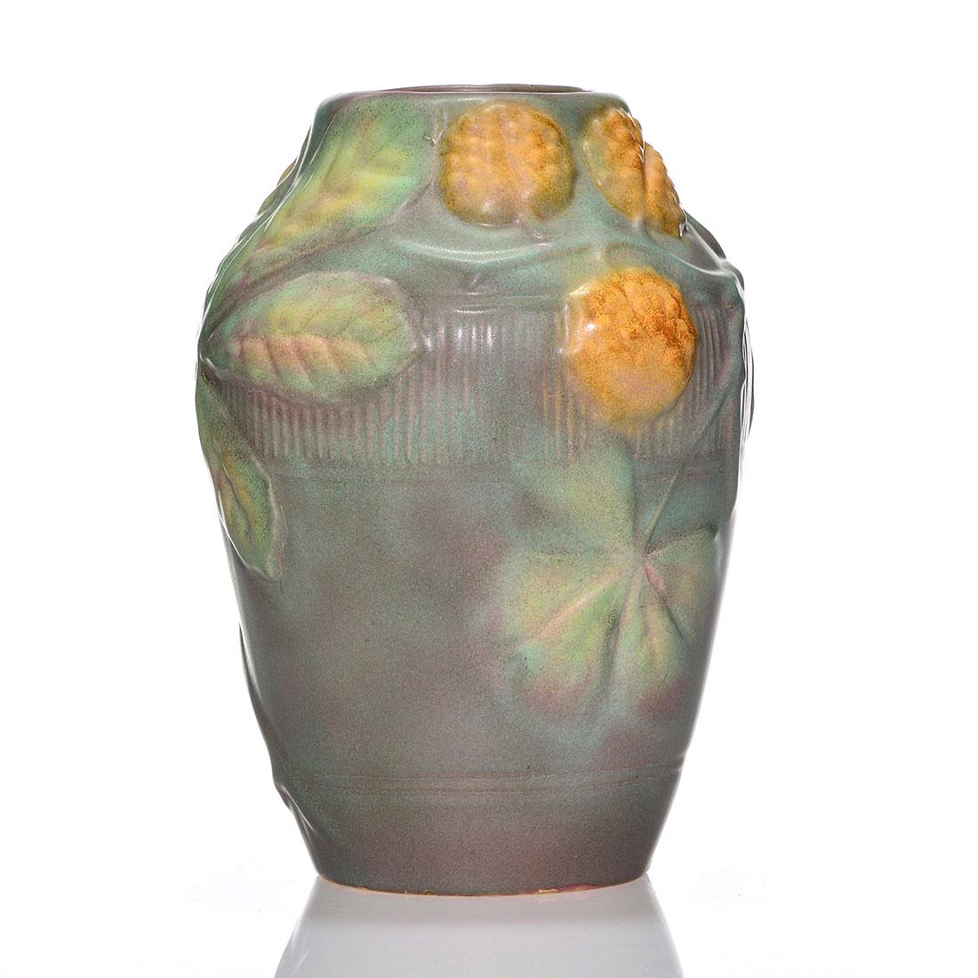 Weller Matt Ware (Fru Russet) vase, Buckeyes, 9": Weller Matt Ware (Fru Russet) vase with molded buckeye design. Incised Weller in script on the bottom. There is a tight 2 inch line descending from the rim. Height is 9 inches.