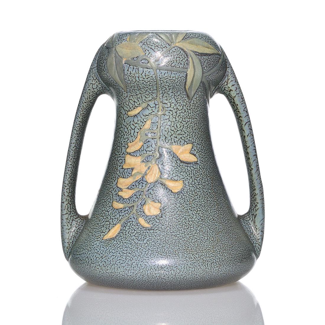 Weller Matt Ware (Fru Russet) vase, wisteria, 6 7/8": Weller Matt Ware vase (Fru Russet) with molded wisteria design and nicely decorated in matt glazes. Impressed WELLER on the bottom. There is light, scattered crazing. Height is 6 7/8 inches.