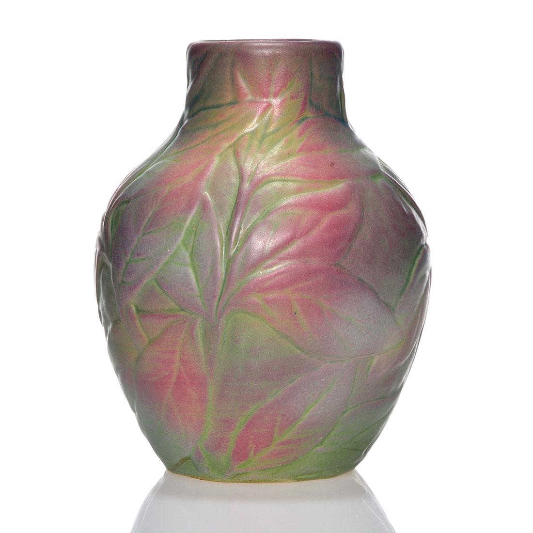 Weller Matt Ware (Fru Russet) vase, leaves, 6 3/8": Nice Weller Matt Ware (Fru Russet) vase with leaves done in maroon and green glazes. Impressed WELLER in block letters on the bottom. Excellent original condition. Height is 6 3/8 inches.