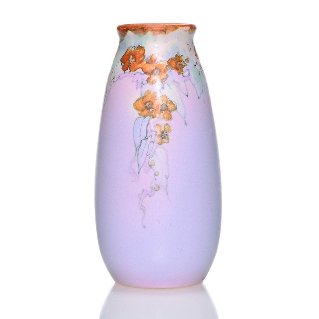 Weller Hudson Perfecto floral vase, Leffler, 5 3/8": Weller Hudson Perfecto vase with floral decoration painted by Claude Leffler who added his name in dark slip near the base. Otherwise unmarked. There is faint overall crazing. Height is 5 3/8 inches.