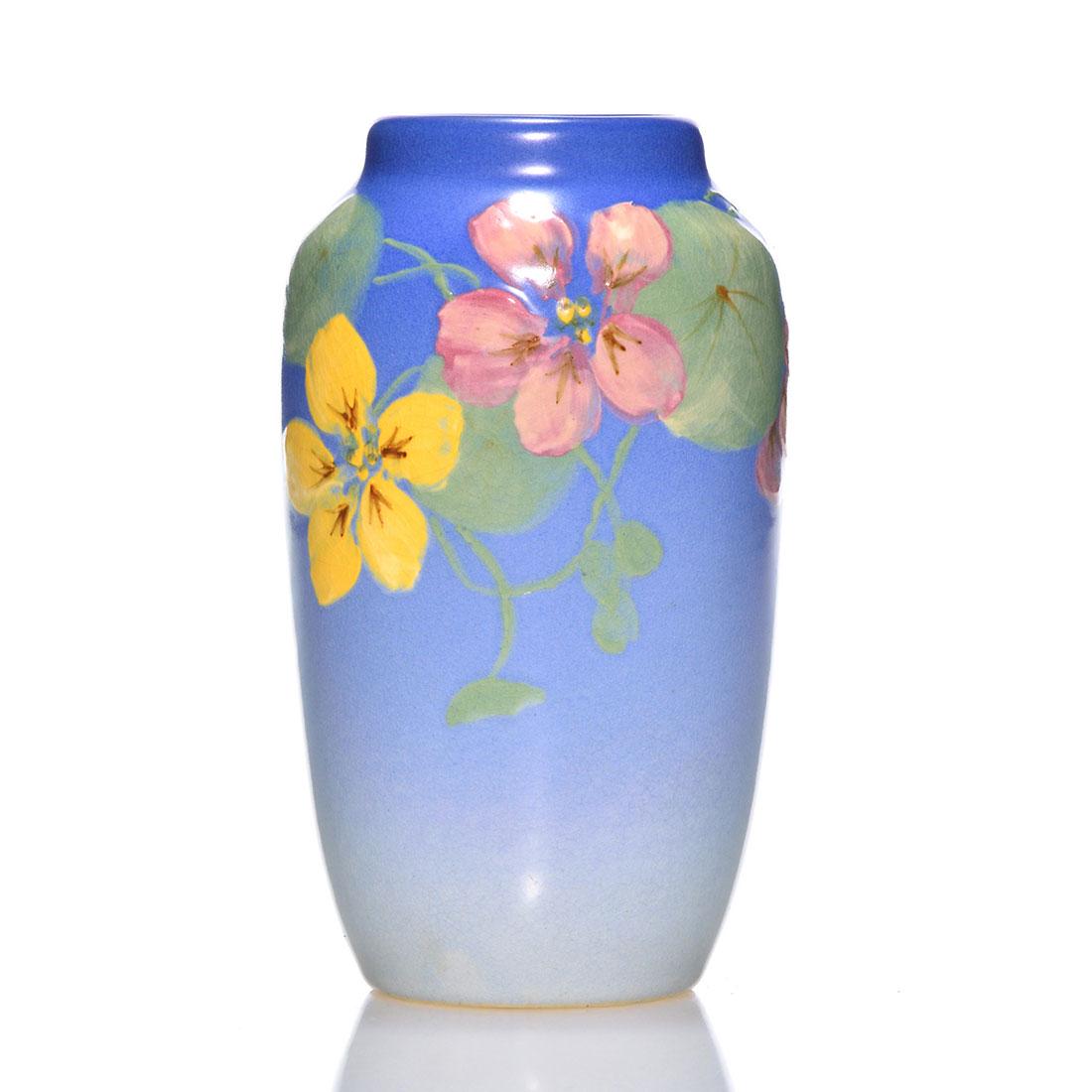 Weller Hudson floral vase, D England Laughead, 6": Weller Hudson 6 inch vase decorated with nasturtiums, the work of Dorothy England Laughead who added her initials in brown slip near the base. Incised Weller in script on the bottom. There is faint ov