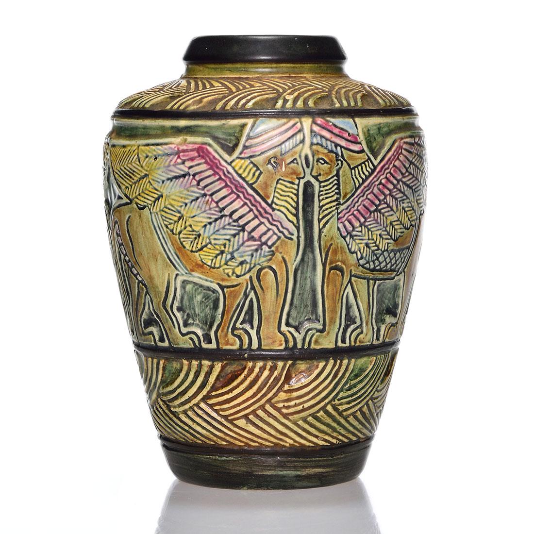 Rare Polychromed Weller Lebanon vase, 6": Weller Lebanon vase with molded, hand colored Middle Eastern design. Marked Weller in block letters. The bottom has been drilled, obliterating most of the mark, and the inside has been filled with a h