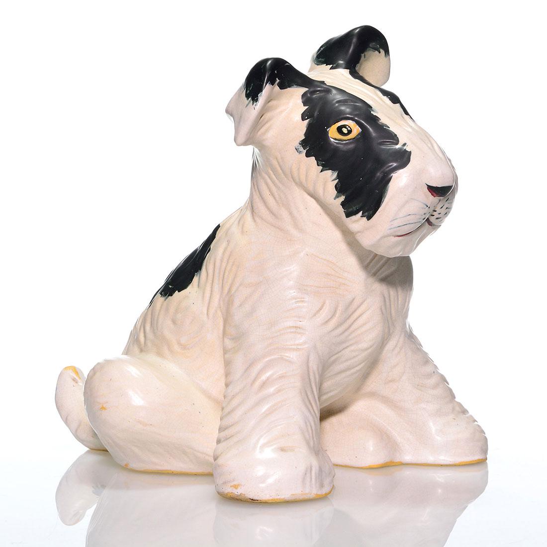 Weller Large Scottie dog garden ornament, 11 3/4": Weller Large Scottie dog garden ornament. Incised Weller Pottery on the bottom. There is fine overall crazing, a few minor glaze nicks and a few minor glaze skips. Height is 11 3/4 inches.