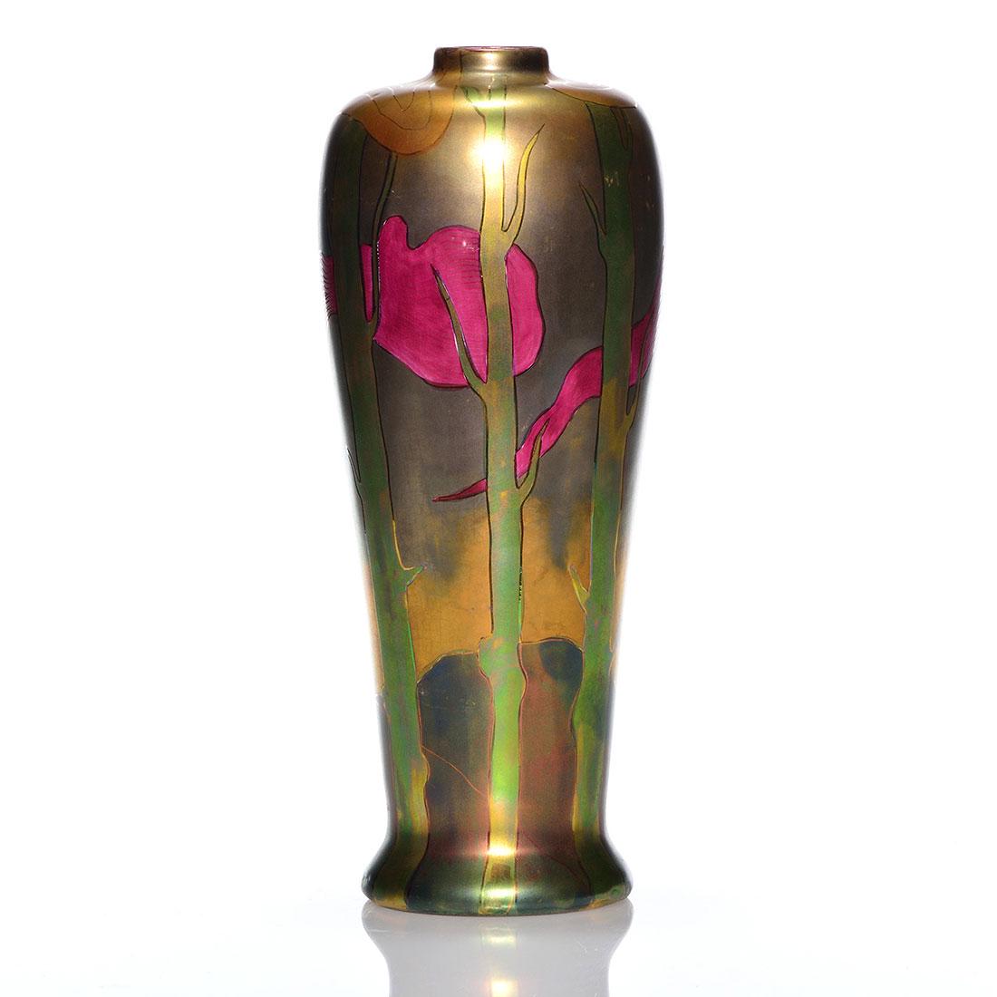 Swastika Keramos scenic vase, 11 7/8", raised logo: Swastika Keramos scenic lustre vase exhibiting a supernatural winter forest with strange ruby cloud structures. Height 11 7/8 inches. Marked with the raised Swastika Keramos wafer also hand inscribed 