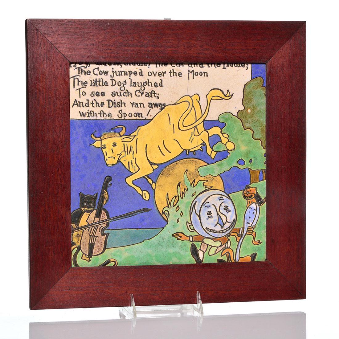 Owens (Empire Tile) Hey Diddle Diddle tile,11 5/8" sq.: Owens-Empire 11 5/8 inch squared "Hey Diddle Diddle" nursery rhyme tile. Large and colorful tile showing all the characters and having the rhyme at the top. There is a tight 6 inch line descending fro