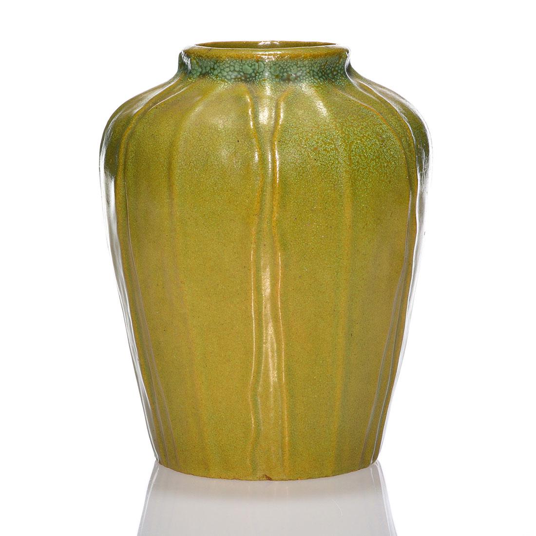 Chicago Crucible vase, tooled leaves, mat, 6 5/8": Chicago Crucible vase in yellow-green mat glaze, done in a Grueby-like style to simulate overlapping leaves. Impressed Chicago Crucible on bottom. Height 6 5/8 inches. Excellent condition with very fa