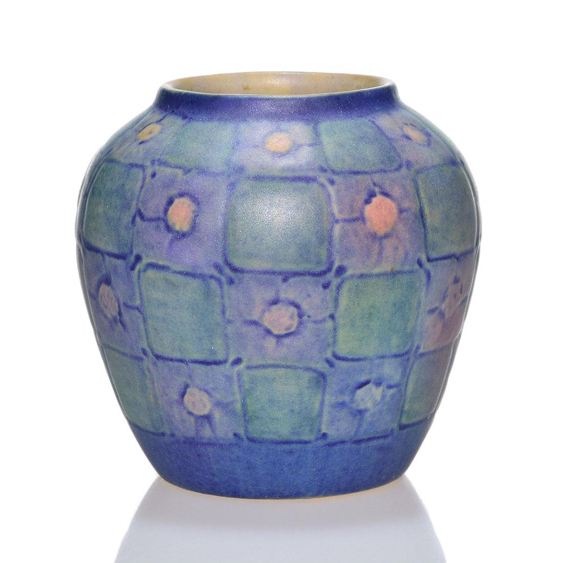 Newcomb College vase, floral, 1933, Irvine, 3 3/8": Newcomb College mat glaze vase with stylized floral design, the work of Sadie Irvine in 1933. Marks include the Newcomb College logo, Ms. Irvine's incised monogram, the initials of potter Kenneth Smit