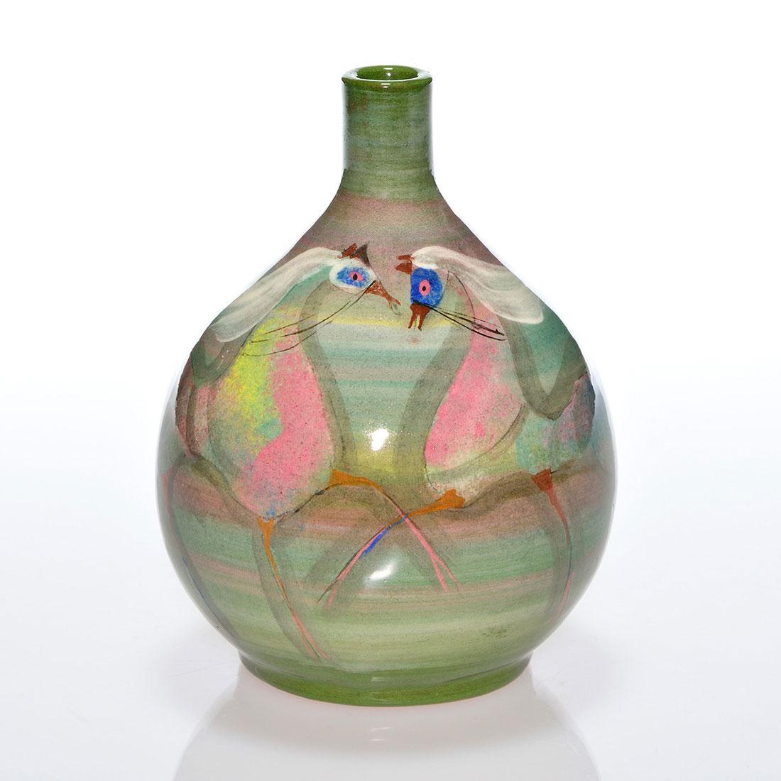 Polia Pillin bottle vase, 3 horses, 5 7/8": Polia Pillin high glaze bottle vase decorated with a trio of colorful horses. Marked Pillin on the bottom in black slip. Excellent original condition. Height is 5 7/8 inches.
