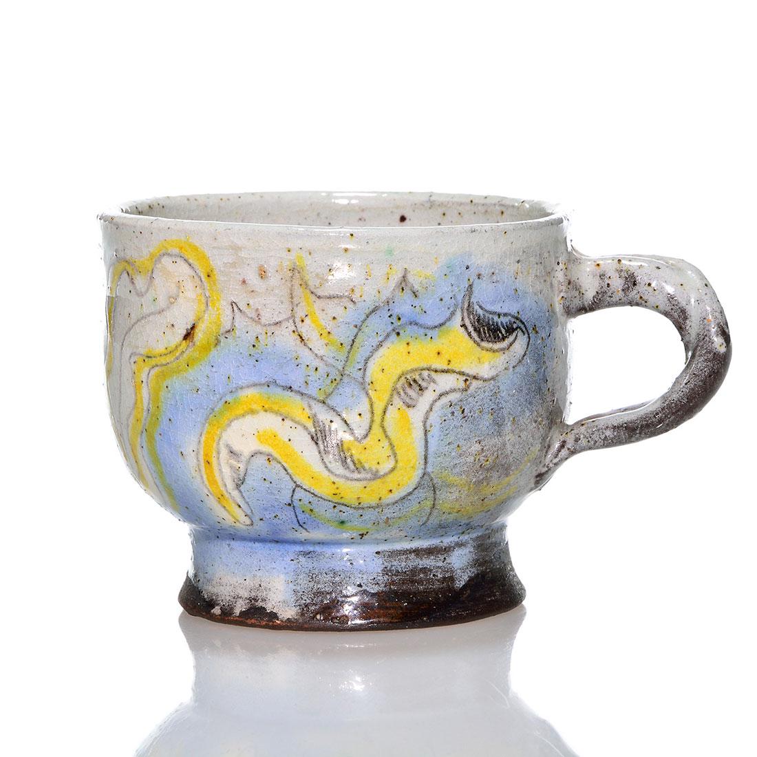 Henry Varnum Poor cup, sea serpent, minnows, 3", mark: Henry Varnum Poor cup with a sea serpent and minnows among aquatic plants in yellow, blue and gray glazes. Height 3 inches. Incised HVP 53 beneath. Fine crazing. Excellent condition.