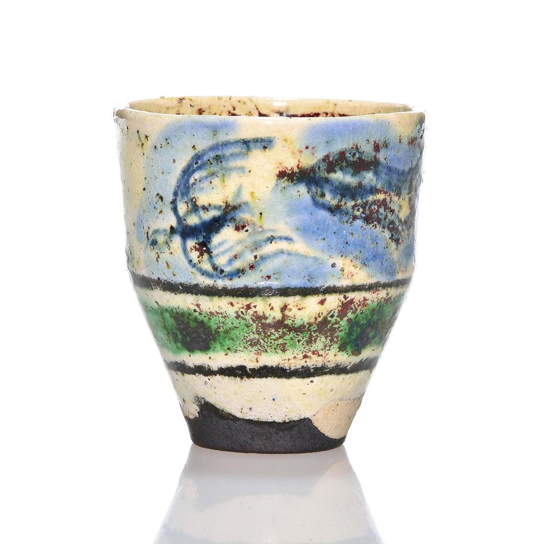 Henry Varnum Poor vase, 3 1/2", HP 58: Henry Varnum Poor vase with tri-color glazes covering floral and flurry designs among a scatter of burgundy speckling. Incised HVP 58. Height 3 1/2 inches. Excellent condition.