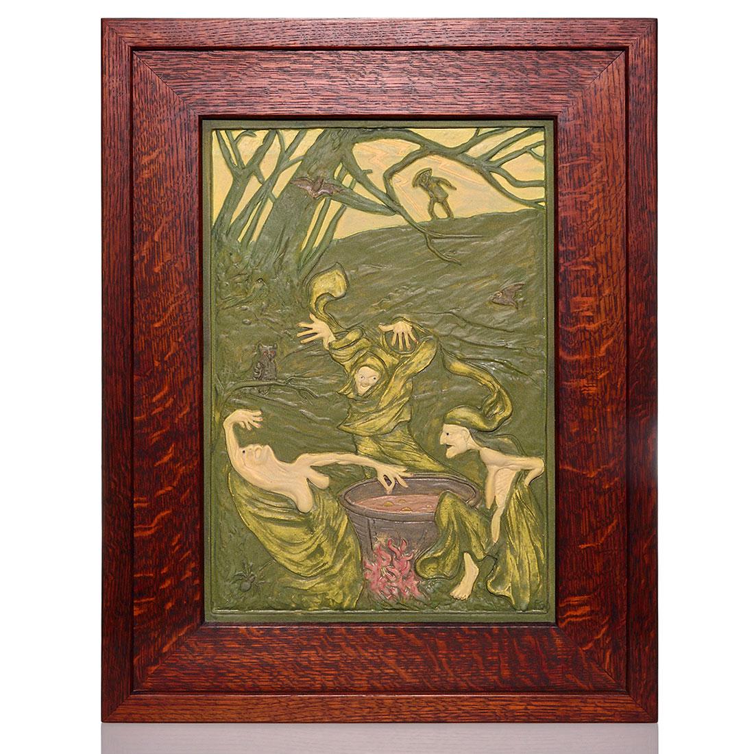 Richard Freiwald plaque, Witches of Macbeth, 21 x 14": Massive Richard Freiwald plaque showing the three witches from Macbeth stirring their famous cauldron while an owl watches. Stamped on the back with the Freiwald circular logo and signed "Richard Frei