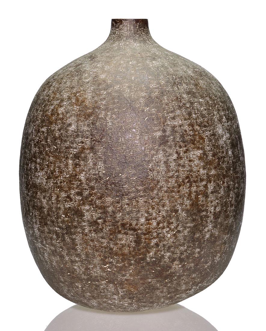 Claude Conover studio pot, "IBACH" crosshatching, 23": Large and classic Claude Conover studio piece, a 23 inch vase which he has named "IBACH" The vase has an overall honeycomb pattern along with some crosshatching. Signed and titled on the bottom. Insid