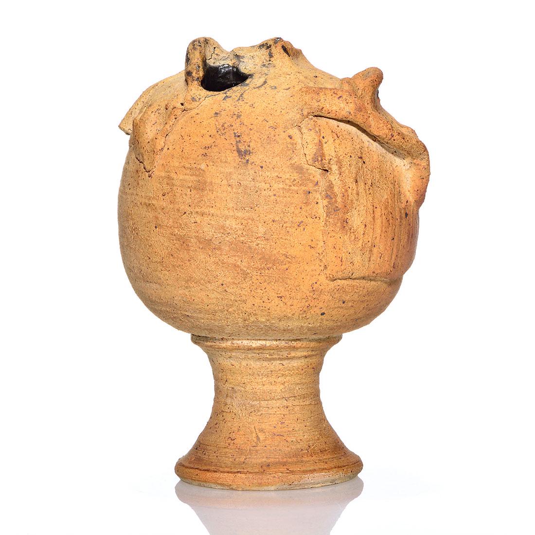 Sculptural figure, glazed interior, Daniel Rhodes: Sculptural vase with applied external elements and glazed interior, the work of Daniel Rhodes who taught at Black Mountain College in Asheville in 1953 along with Warren MacKenzie. This piece is incis