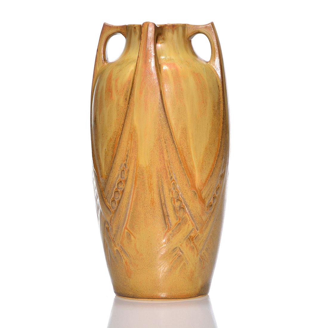 Denbac France vase, buttress handles. 9 1/4", marks: Denbac vase with four buttressed handles and covered with cream and brown crystalline glazes. Impressed Denbac on the bottom. Excellent original condition. Height is 9 1/4 inches.