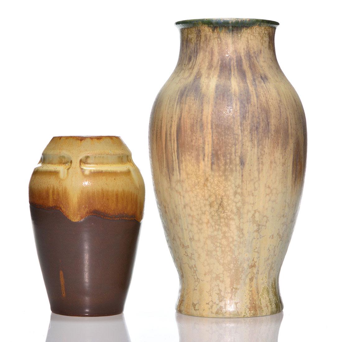 2 Patrick Nordstrom for Royal Copenhagen, 13", 7": Two Patrick Nordstrom Arts & Crafts vases under earth tone crystalline glazes. A monumental 13 inch stoneware vase for Royal Copenhagen with blue marks of PN and three wave logo, 13-11 and 1919. Small