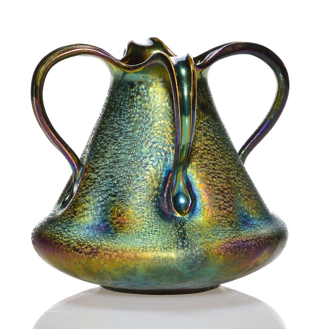 Heliosine Ware 4 handled vase, lustre glaze, 5 1/4": Signed Heliosine Ware Austria four handled vase in crystalline glaze with oil spot lustre highlights. Signed with Heliosine Ware Austria crown ink stamp logo and impressed number 21004. Height 5 1/4 i