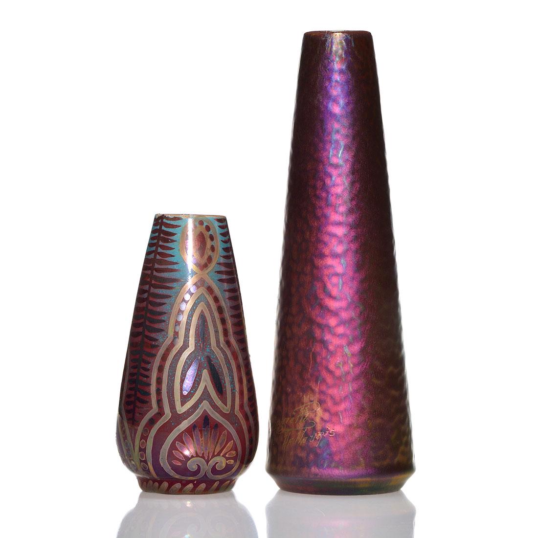 2 French luster vases, Gazietto, 7 1/4" ; Canne, 4 1/4": Two French luster ware vases, no doubt the work of a Massier students. 1) Vase done in rich reds, gold and faint blues. Signed J. Gazietto, Vallauris on the side. Height 7 1/4 inches. Excellent condit
