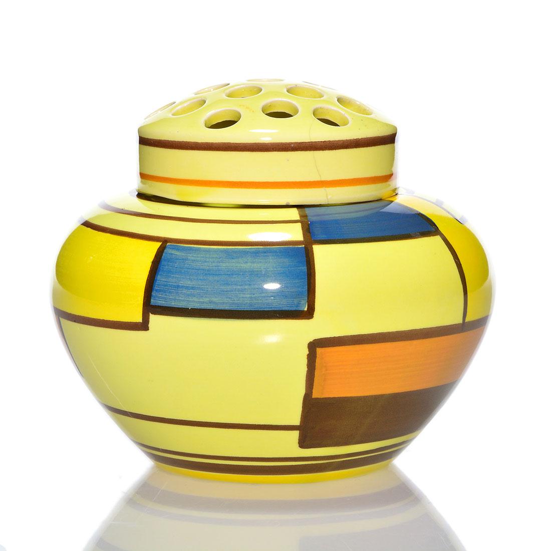 Eva Zeisel for Schramberg covered bowl, 4 3/4": Eva Zeisel for Schramberg Pottery an Art Deco vase with a flower arranger cover in bright yellows, blue and tans. Height 4 3/4 inches. Stamped Majolika Hand painted, Schramberg Germany below. The cove