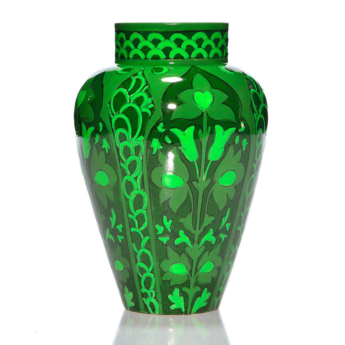 Foley Pottery, Wileman & Co Intarsio vase, 7", signed: Foley Pottery, Wileman & Co Intarsio vase in the style of the art director Frederick Rhead, circa 1895 with an Arts & Crafts repeating floral design hand painted in three shades of green. Height 7 inc