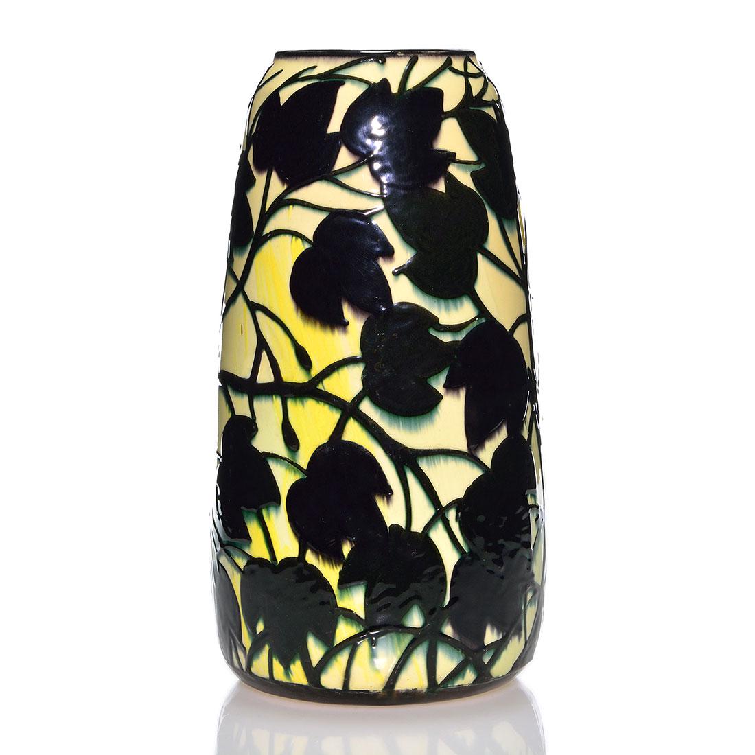 Large Max Laeuger Arts & Crafts vase, 15", KTK: Monumental Max Laeuger Arts & Crafts vase for Keramik Tonwerke Kandern hand decorated with black maple leaves on branches silhouetted against a two tone yellow backdrop. Measures 14 3/4 inches by 9 in