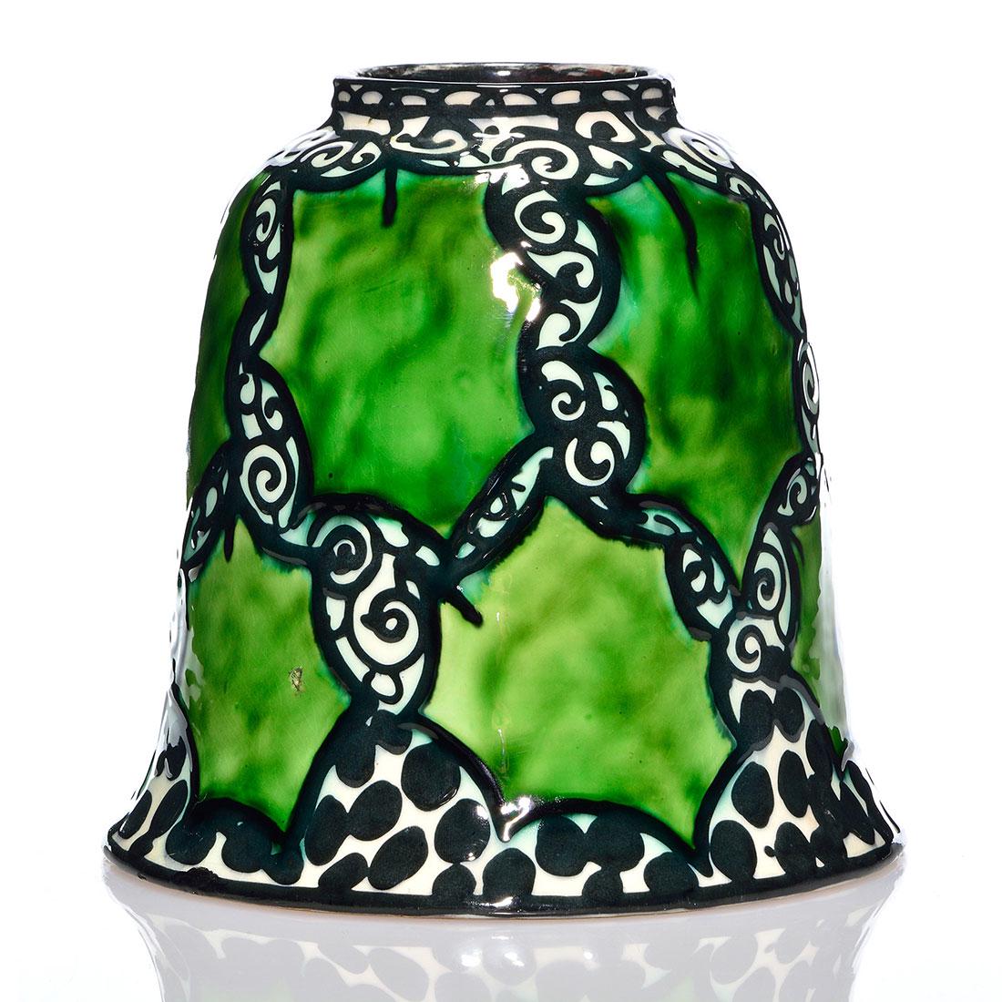 Max Laeuger, Kandern vase, scroll design, 8 3/8": Max Laeuger, Kandern bell form vase trail painted with black scrolling vines and black droplets among variegated green patches, done in high glaze. Measures 8 3/8 inches by 8 3/4 inches across. Hand i
