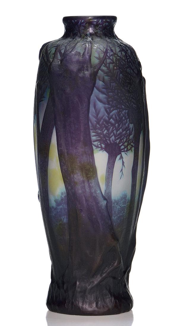 Daum Nancy Blow-Out vase, woodland, signed, 11 1/4": Daum Nancy Blow-Out vase revealing a natural stand of mature trees in ultra high relief, their foliage and distant trees finished via cameo, the glass being purple black in color. The woodland is silh