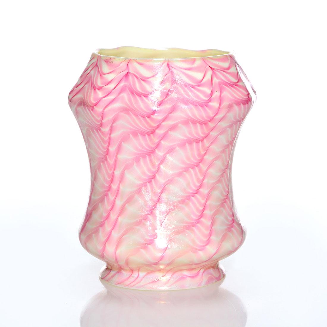 Tiffany shade, red pull wave, Roberts #123, 5": Tiffany Favrile cased shade revealing an unusual red-pink pattern of curling tendrils in reverse swirl connected by wave patterns. Ten defined ribs surround the shapely 5 inch body while the interior 