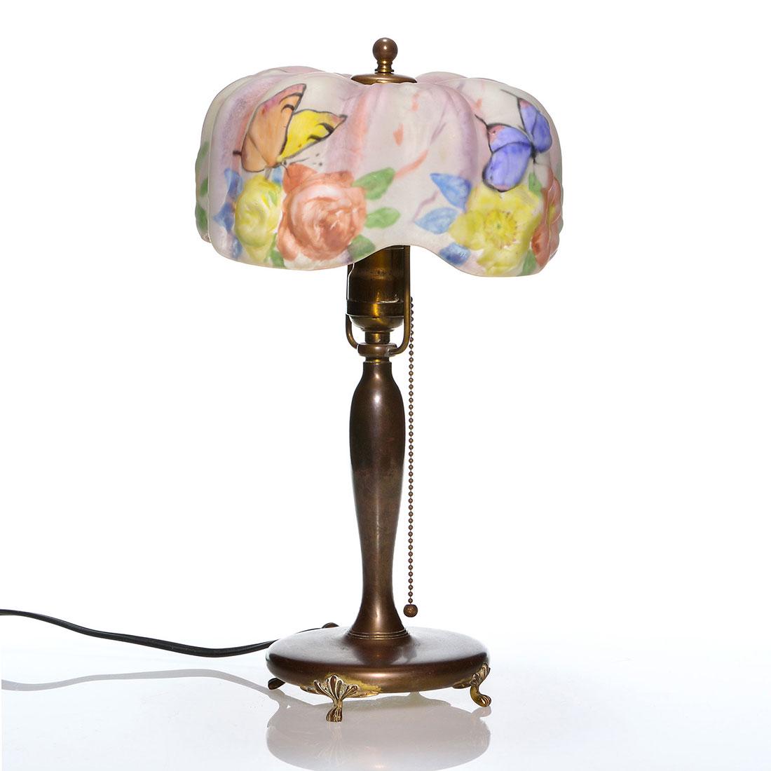 Pairpoint Butterfly & Roses Puffy boudoir, marks, 16": Pairpoint Butterfly & Roses Puffy boudoir lamp. The Papillon 10 inch shade is stamped Pairpoint Corp., the eight ribs accented by a pretty lilac color as colorful confetti scatter the background. The 