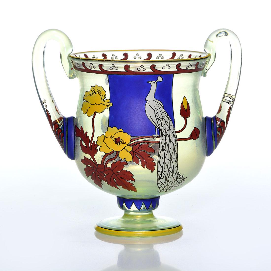 Jugendstil Cyprus urn, Max Rade, Fritz Heckert, 5 1/2": German Jugendstil Cyprus urn by designer Max Rade for Fritz Heckert Kunstglas Industrie. Hand enameled is a regal male white peacock among yellow poppies against a cobalt screen with additional poppie