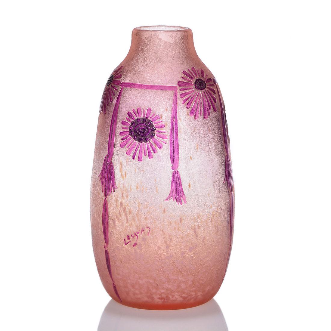 Legras cameo vase, sunflowers, 11 1/4", cameo signed: Legras cameo vase with maroon sunflowers and tasseled swags on a frosty textured pink with white snow spatters. Measures 11 1/4 inches by 6 1/2 inches across. Legras cameo signature on the side and Ma