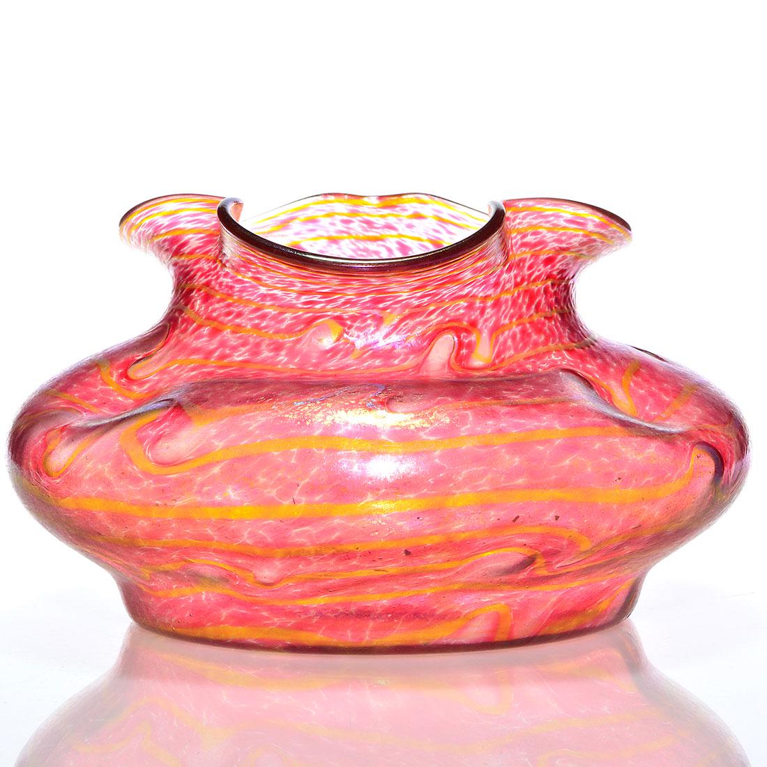 Monumental Fritz Heckert vase, Changeant, red, 8"X15": Monumental Fritz Heckert Changeant center vase, a beautiful mottled red with silvery undulating bands. Measures 8 inches by 15 inches across. Later signed Loetz Austria. Formerly known as Kralik, rece