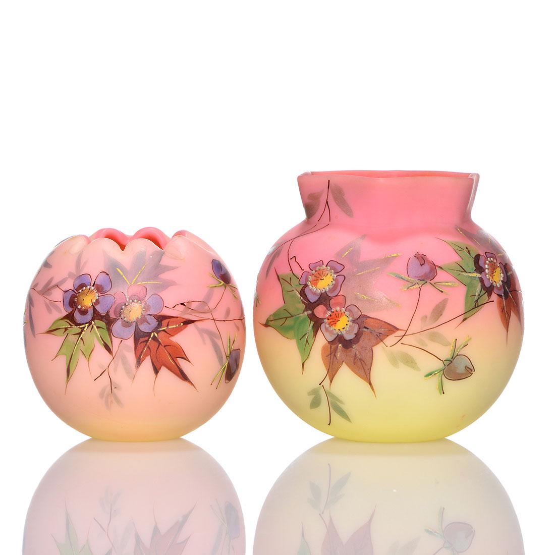 Two Thos Webb Burmese vases, hexagonal rims, 2 3/8", 3": Two Thomas Webb & Sons Burmese vases decorated with lavender blue hawthorn flowers. One a 3 inch vase has a hexagonal neck, the other a 2 3/8 inch vase having a scalloped rim. Both are in excellent or