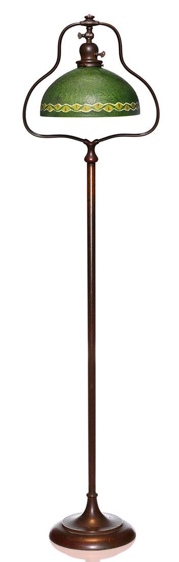 Handel floor lamp, decorated Handel shade: Handel floor lamp with an Arts & Crafts Handel shade. The shade has a textured chipped ice surface finished in hunter green and is encircled by a ric-rac design in olive green and burgundy. The shade
