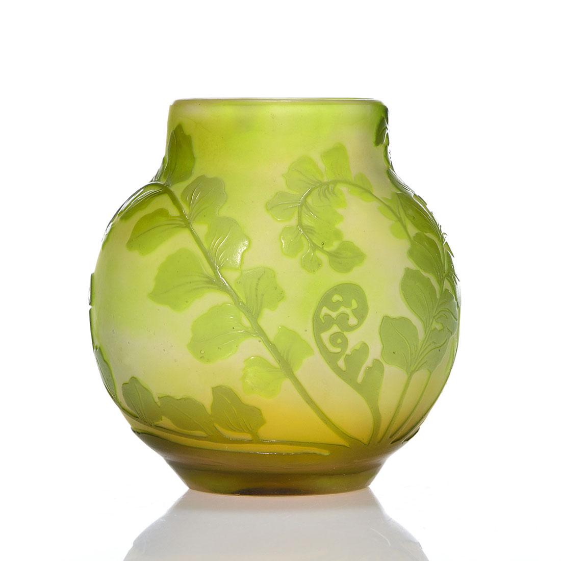 Galle miniature vase, ferns. 3 1/2", cameo signature: Galle cameo miniature vase with fiddle head ferns, 3 1/2 inches. Galle in cameo with the memorial star. Polishing to upper rim and base rim. Pleasing decoration.