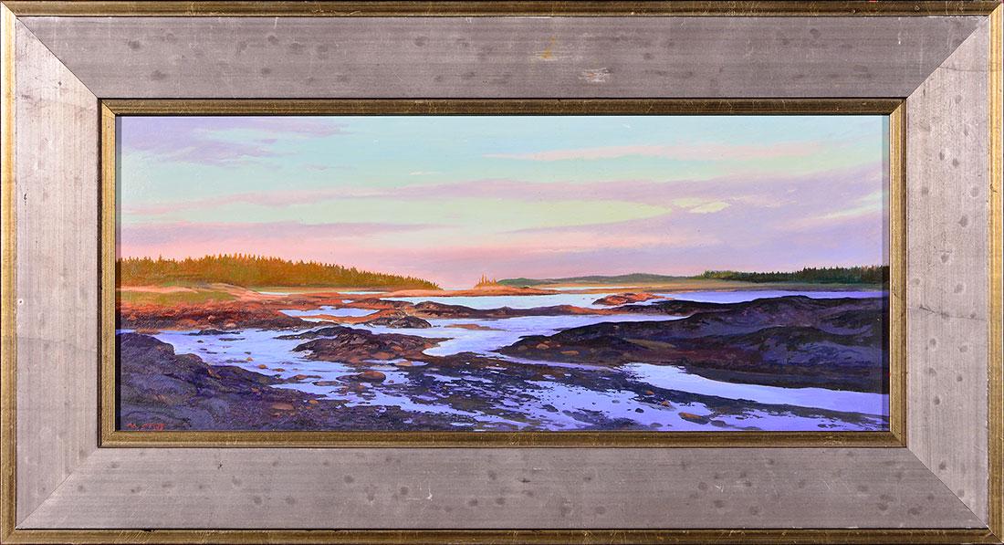 Michael Scott oil on panel, tidal flat, 8x 19": Early Michael Scott (American, Kansas, Cincinnati, New Mexico, 1952 - ) oil on wooden panel showing a tidal flat at low tide in the early morning with trees in the distance. Size is 8 by 19 inches and