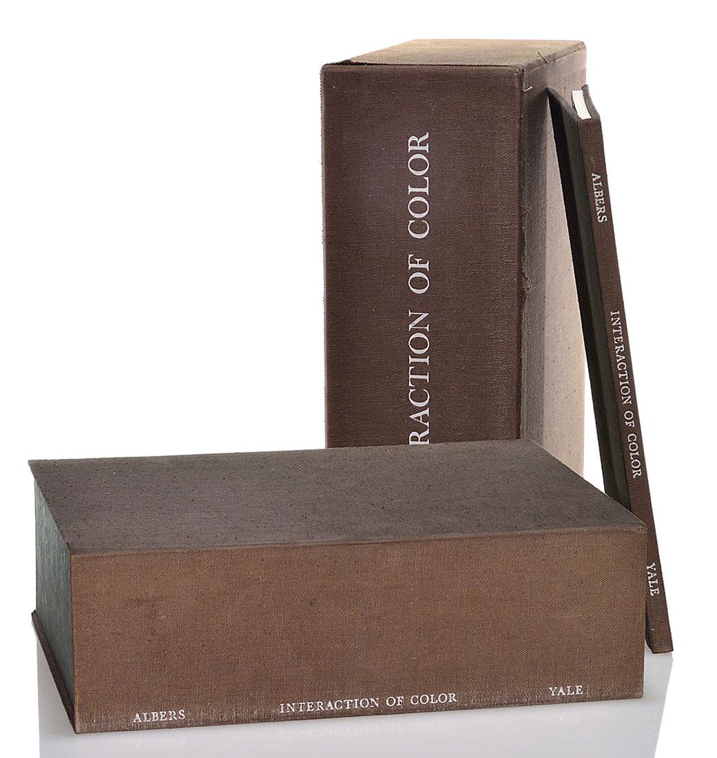 Josef Albers "Interaction of Color" 1963, complete: Josef Albers "Interaction of Color" in collaboration with Yale University Press printed in 1963. There are two folio volumes: volume one, a hardbound book, contains text, volume two contains 80 serigr