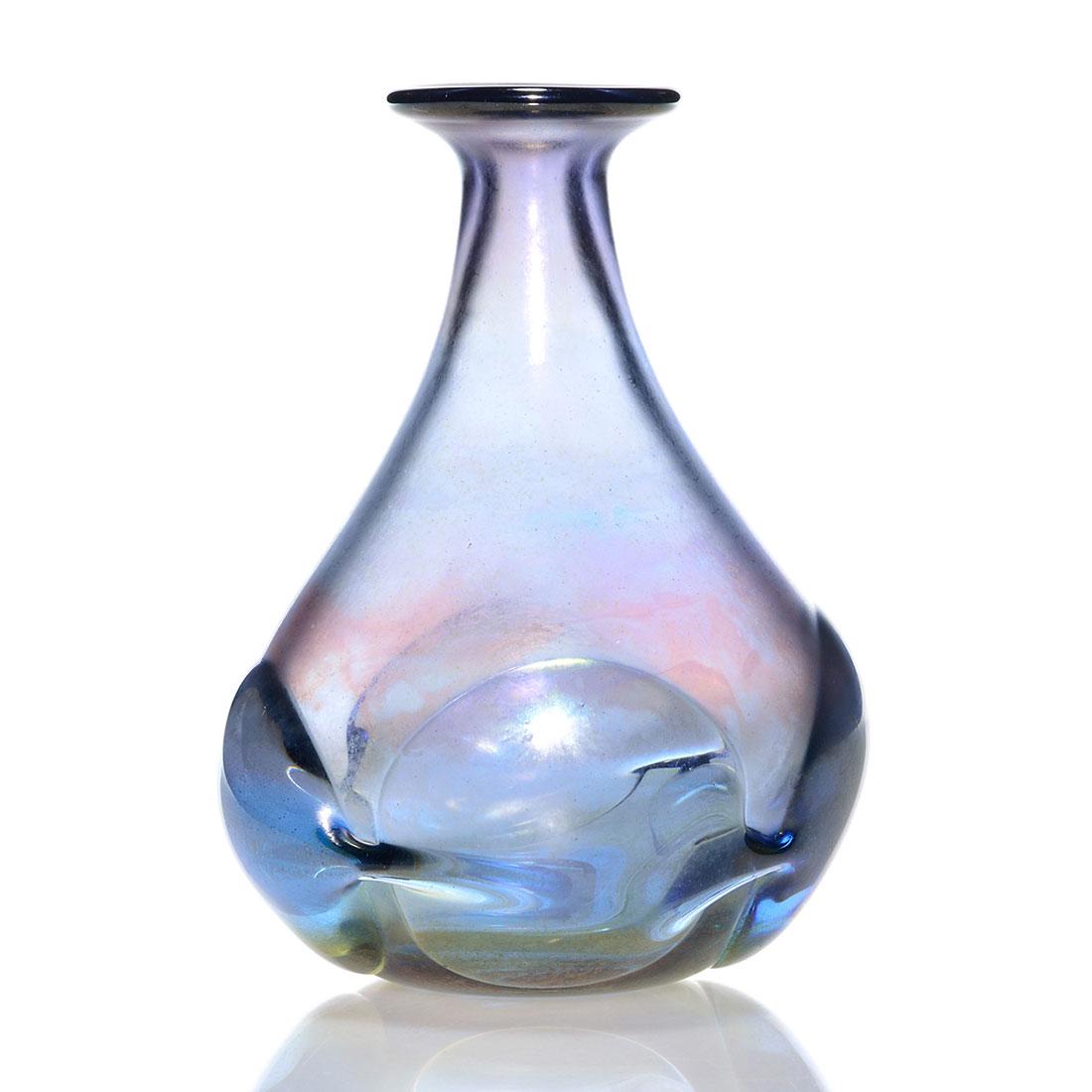 Labino lavendar blue bottle vase, prunts, 1970, 6": Dominick Labino bottle vase in lavender blue surrounded by four prunts. Height 6 inches. Engraved Labino, 11-1970. Nice iridescent surface.